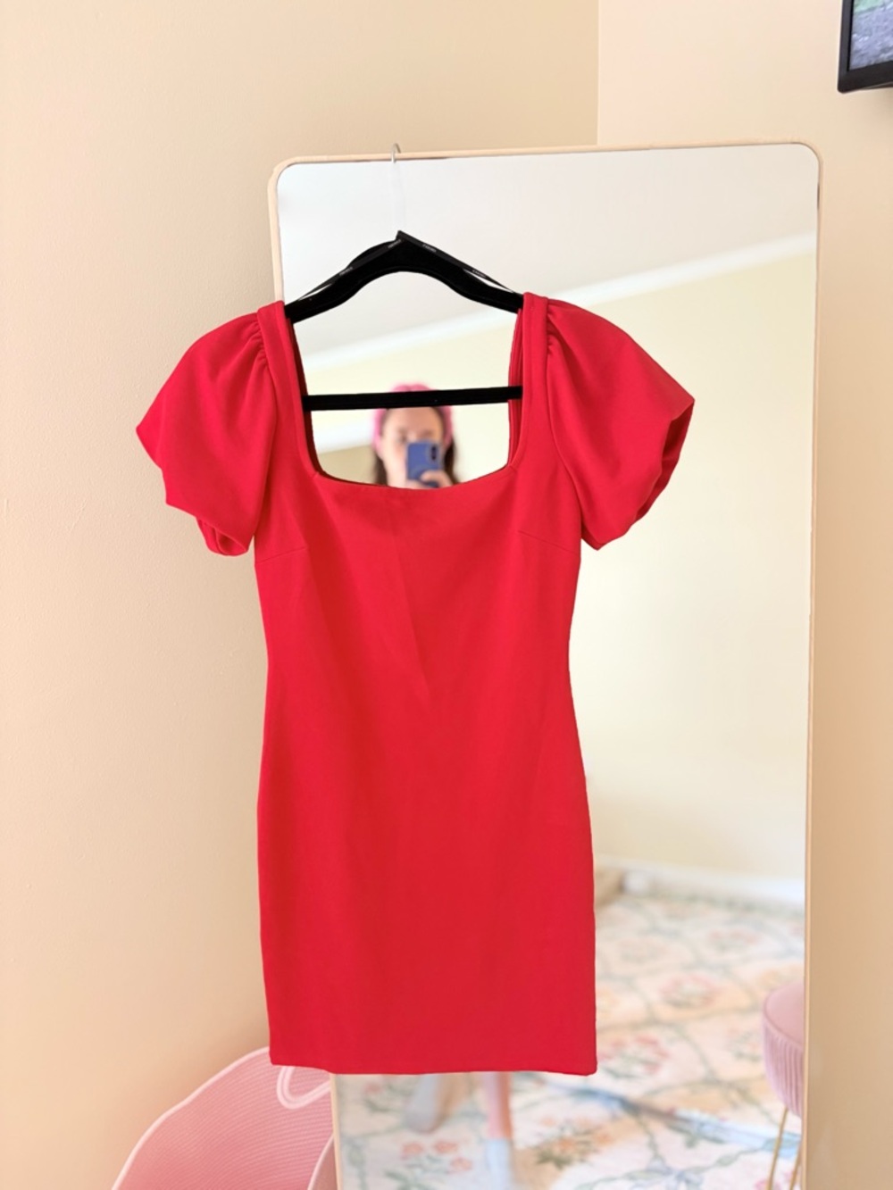 Forever 21 Red Square-Neck Puff-Sleeve Mini Dress
